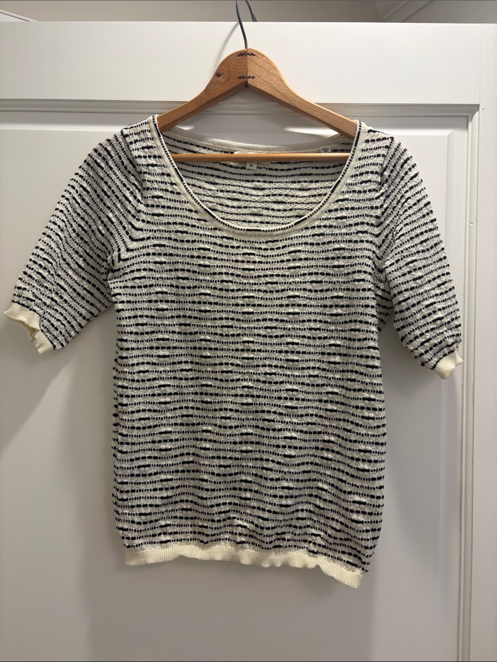 Max Studio Black & Cream Striped Scoop-Neck Short Sleeve Sweater